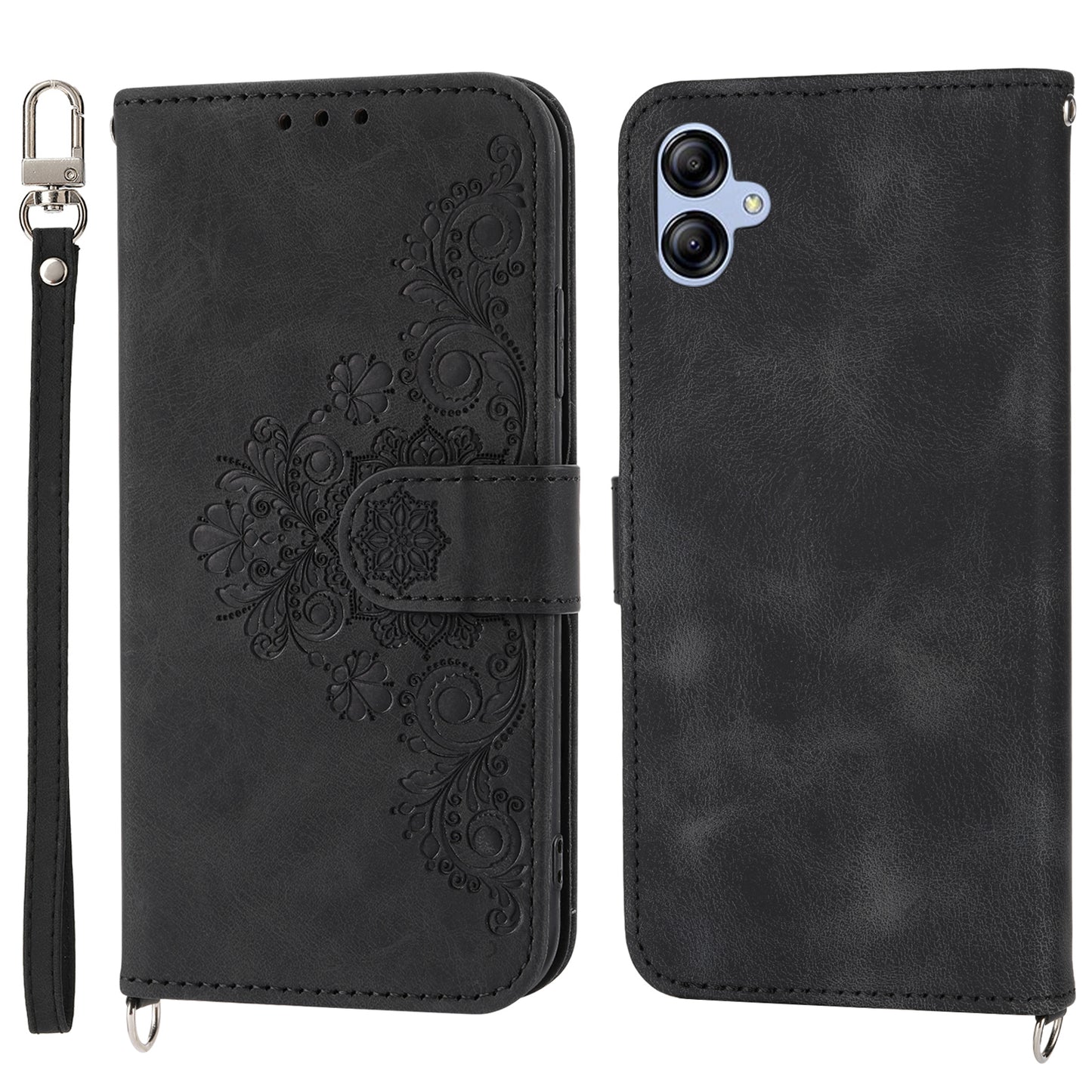 For Samsung Galaxy A04e 4G Wallet Phone Cover Skin-touch Feeling Imprinted Flowers Stand Leather Case with Wrist Strap and Shoulder Strap