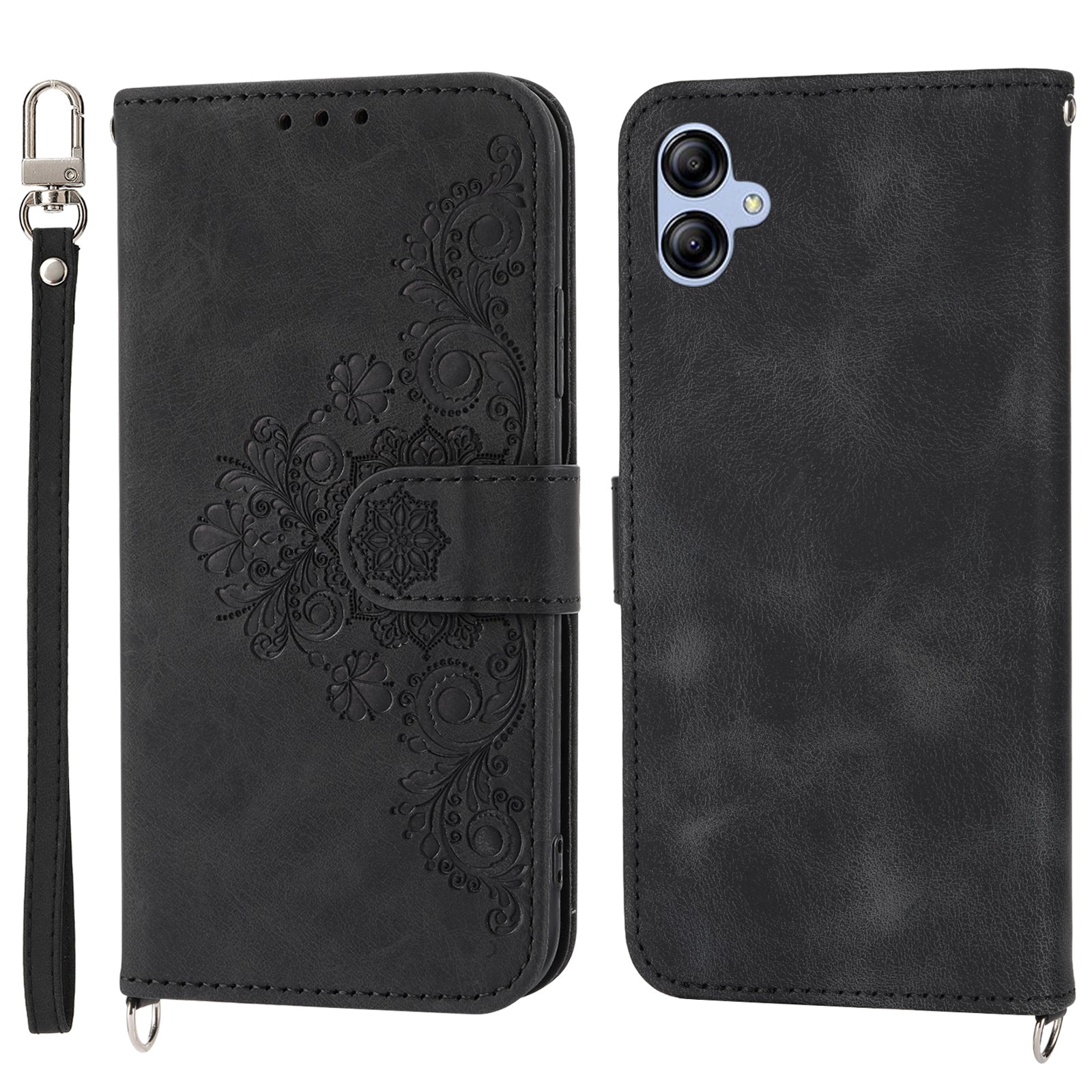 For Samsung Galaxy A04e 4G Wallet Phone Cover Skin-touch Feeling Imprinted Flowers Stand Leather Case with Wrist Strap and Shoulder Strap