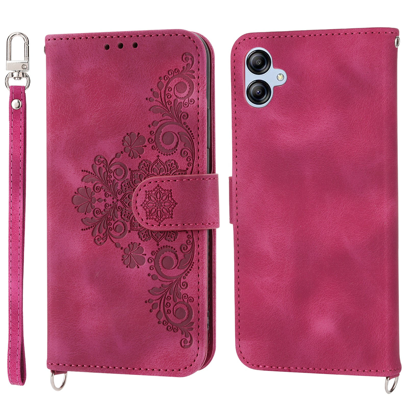 For Samsung Galaxy A04e 4G Wallet Phone Cover Skin-touch Feeling Imprinted Flowers Stand Leather Case with Wrist Strap and Shoulder Strap