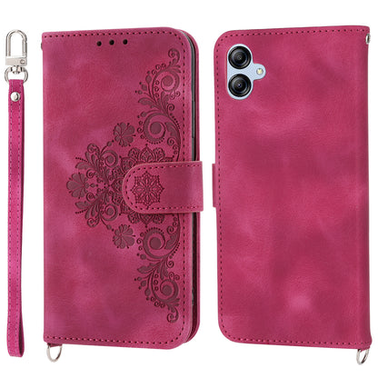 For Samsung Galaxy A04e 4G Wallet Phone Cover Skin-touch Feeling Imprinted Flowers Stand Leather Case with Wrist Strap and Shoulder Strap