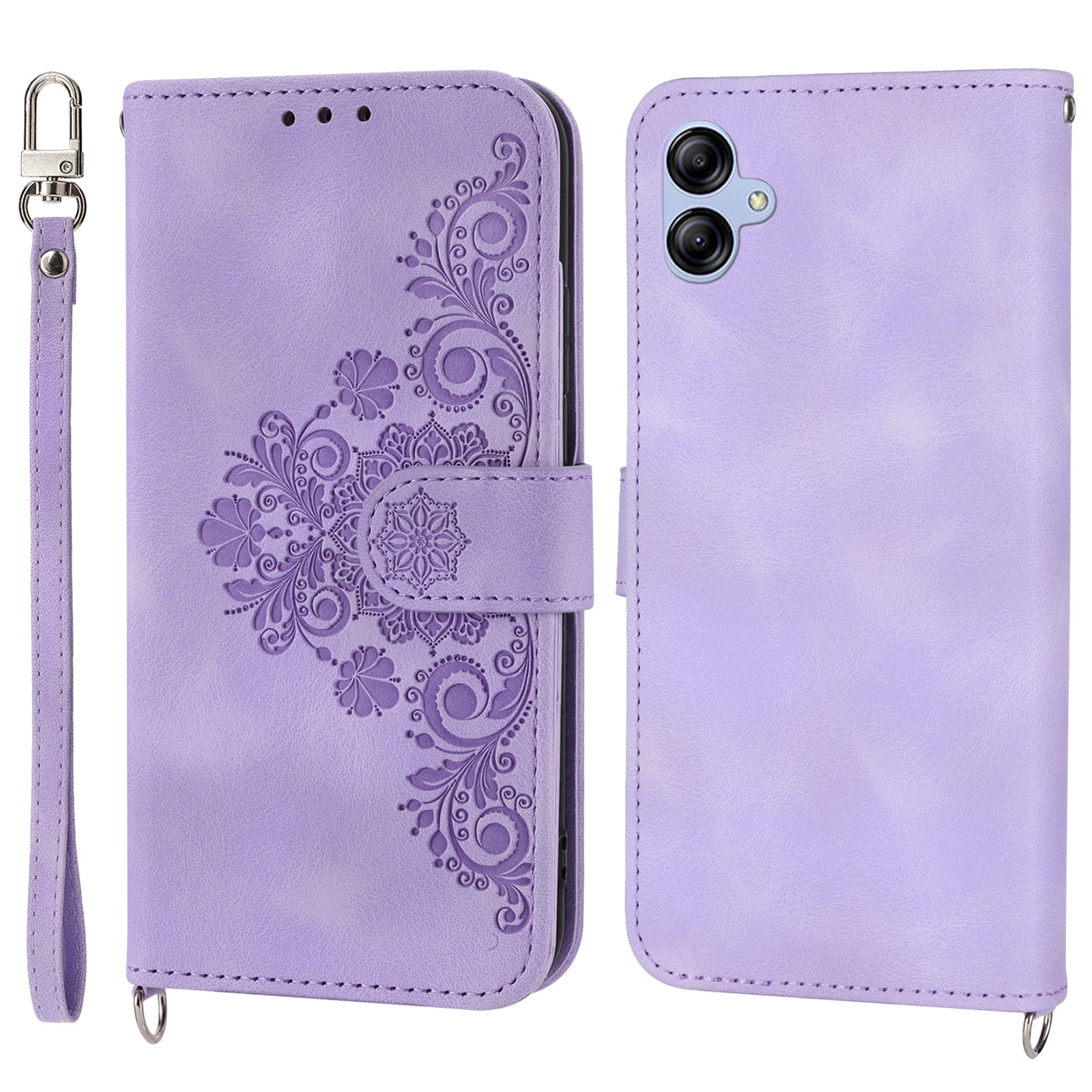 For Samsung Galaxy A04e 4G Wallet Phone Cover Skin-touch Feeling Imprinted Flowers Stand Leather Case with Wrist Strap and Shoulder Strap