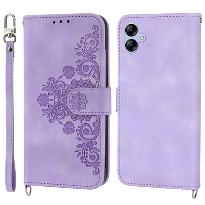 For Samsung Galaxy A04e 4G Wallet Phone Cover Skin-touch Feeling Imprinted Flowers Stand Leather Case with Wrist Strap and Shoulder Strap