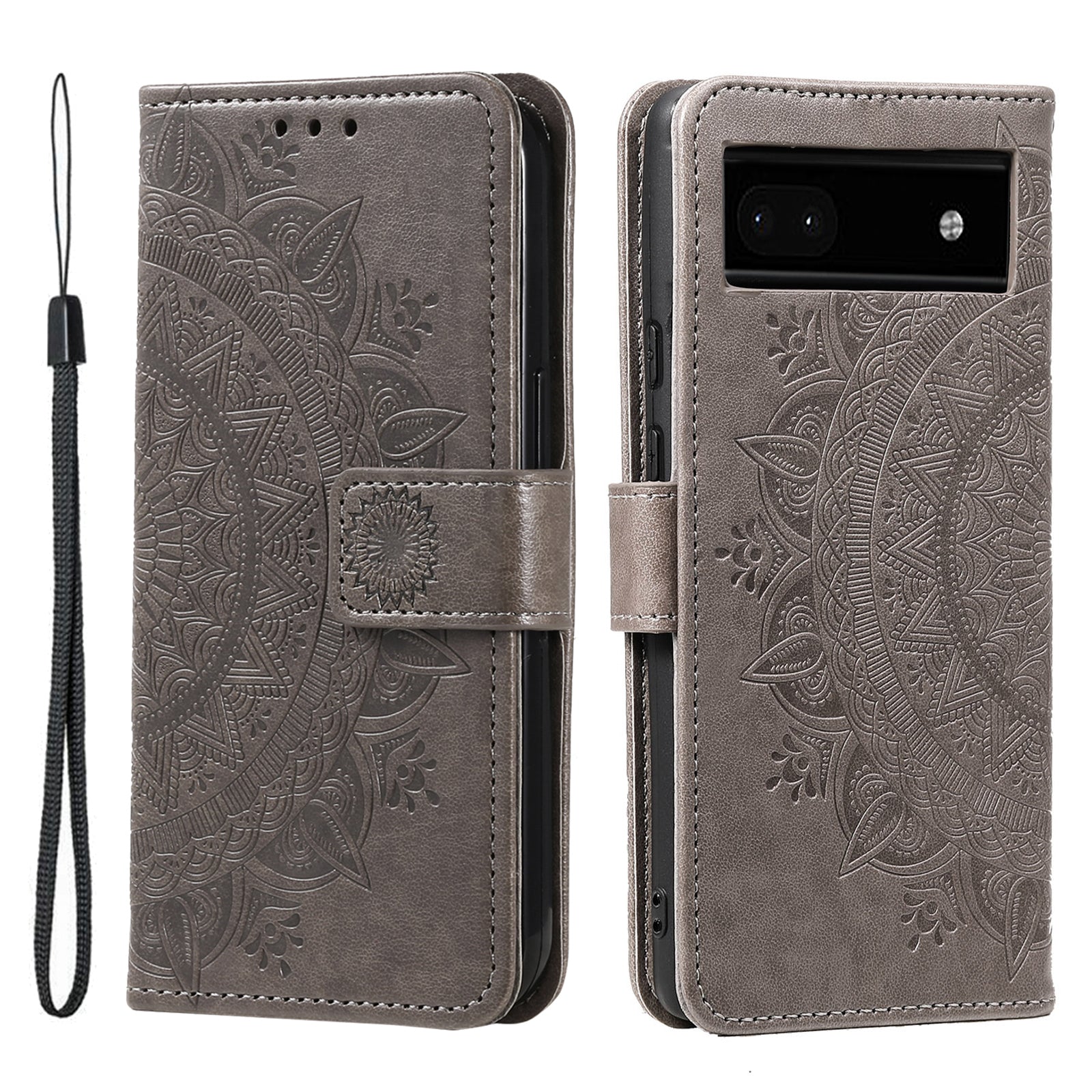 For Google Pixel 7a Imprinted Mandala Flower Phone Case PU Leather Wallet Stand Magnetic Clasp Cover with Strap