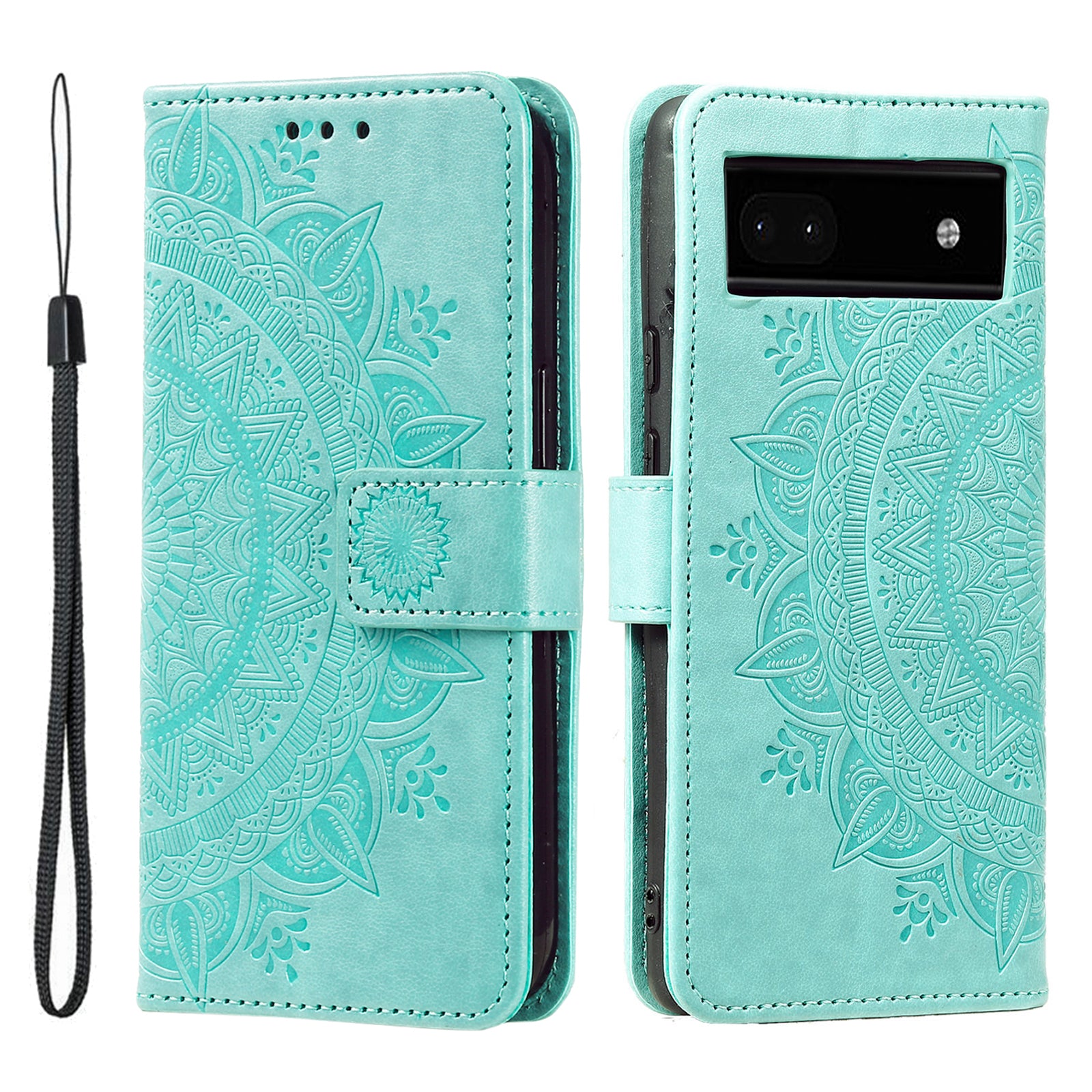 For Google Pixel 7a Imprinted Mandala Flower Phone Case PU Leather Wallet Stand Magnetic Clasp Cover with Strap