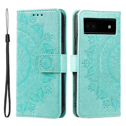 For Google Pixel 7a Imprinted Mandala Flower Phone Case PU Leather Wallet Stand Magnetic Clasp Cover with Strap