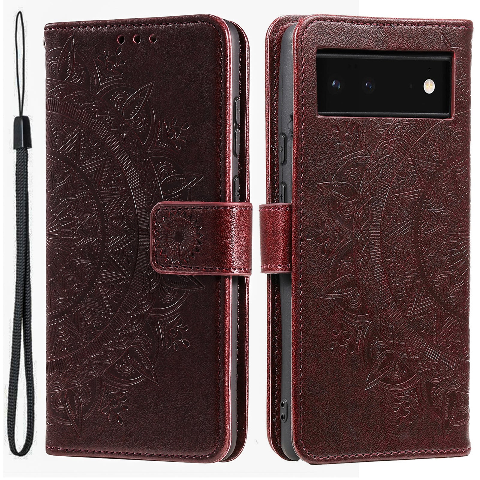 For Google Pixel 7a Imprinted Mandala Flower Phone Case PU Leather Wallet Stand Magnetic Clasp Cover with Strap