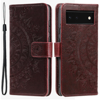 For Google Pixel 7a Imprinted Mandala Flower Phone Case PU Leather Wallet Stand Magnetic Clasp Cover with Strap