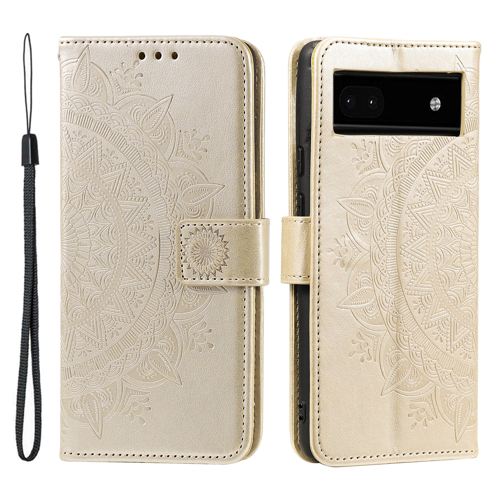 For Google Pixel 7a Imprinted Mandala Flower Phone Case PU Leather Wallet Stand Magnetic Clasp Cover with Strap