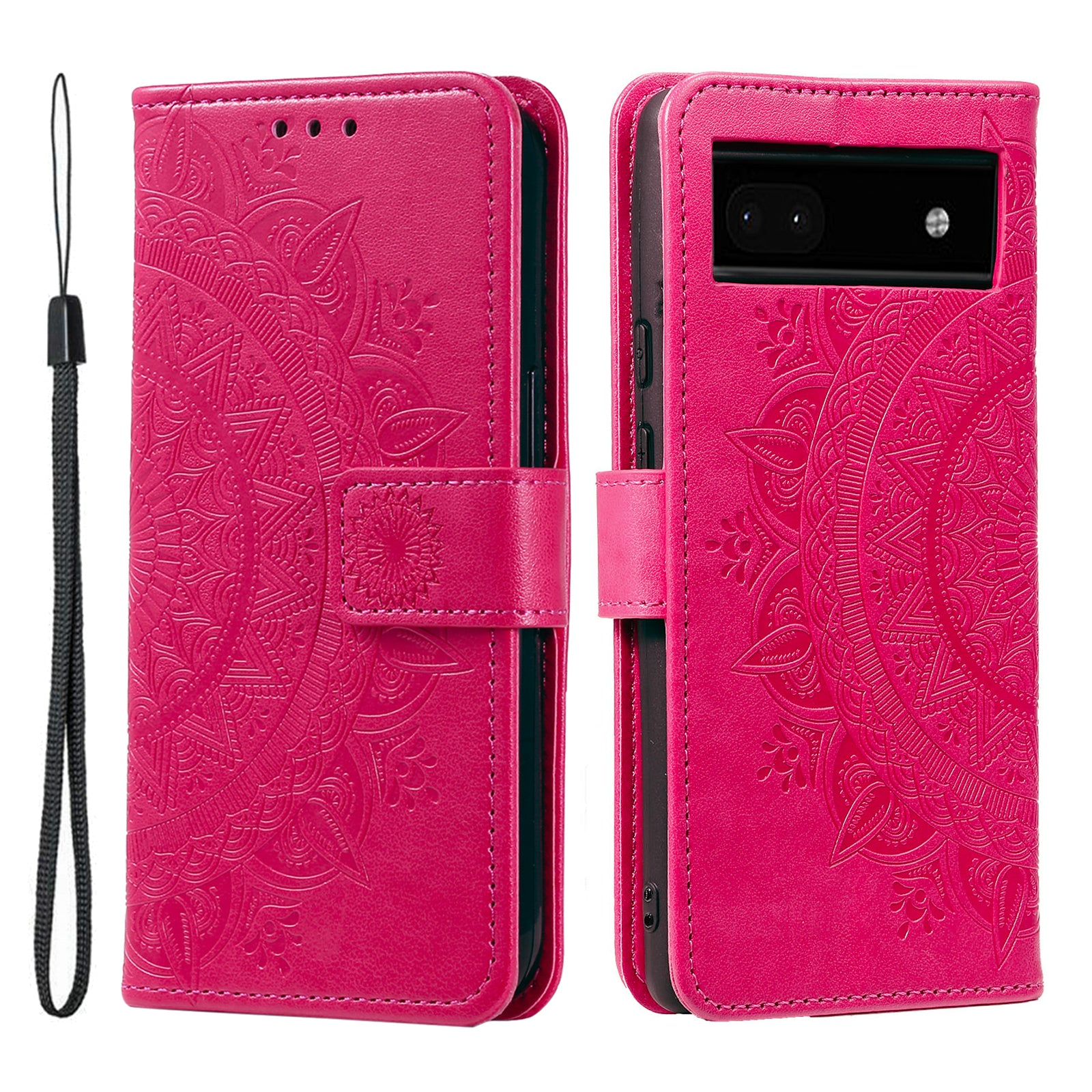 For Google Pixel 7a Imprinted Mandala Flower Phone Case PU Leather Wallet Stand Magnetic Clasp Cover with Strap