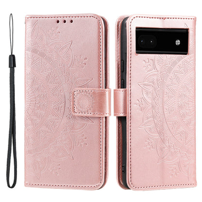 For Google Pixel 7a Imprinted Mandala Flower Phone Case PU Leather Wallet Stand Magnetic Clasp Cover with Strap