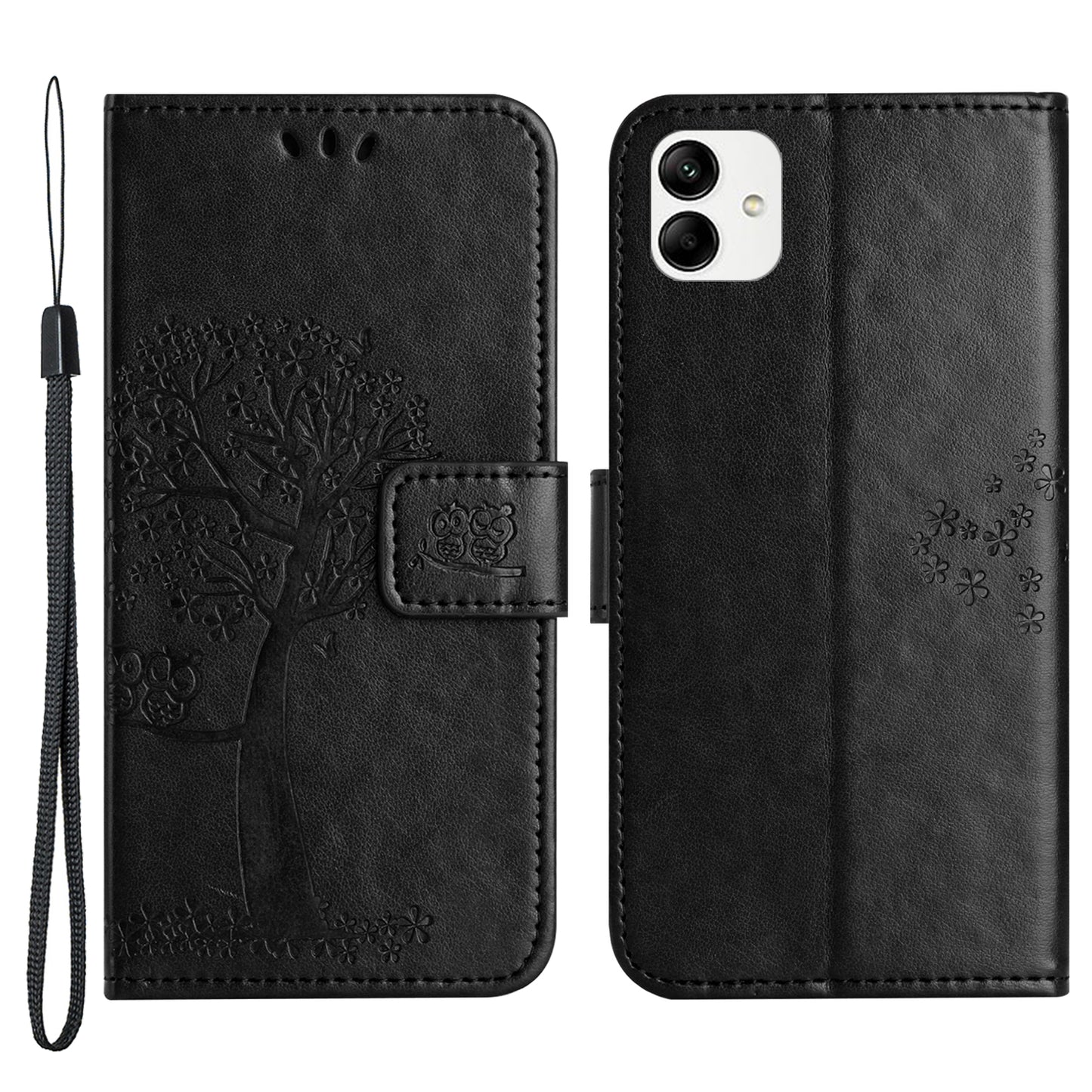 For Samsung Galaxy A04e 4G Imprinted Owl Tree Pattern Anti-scratch PU Leather Wallet Viewing Stand Anti-fingerprint Protective Case