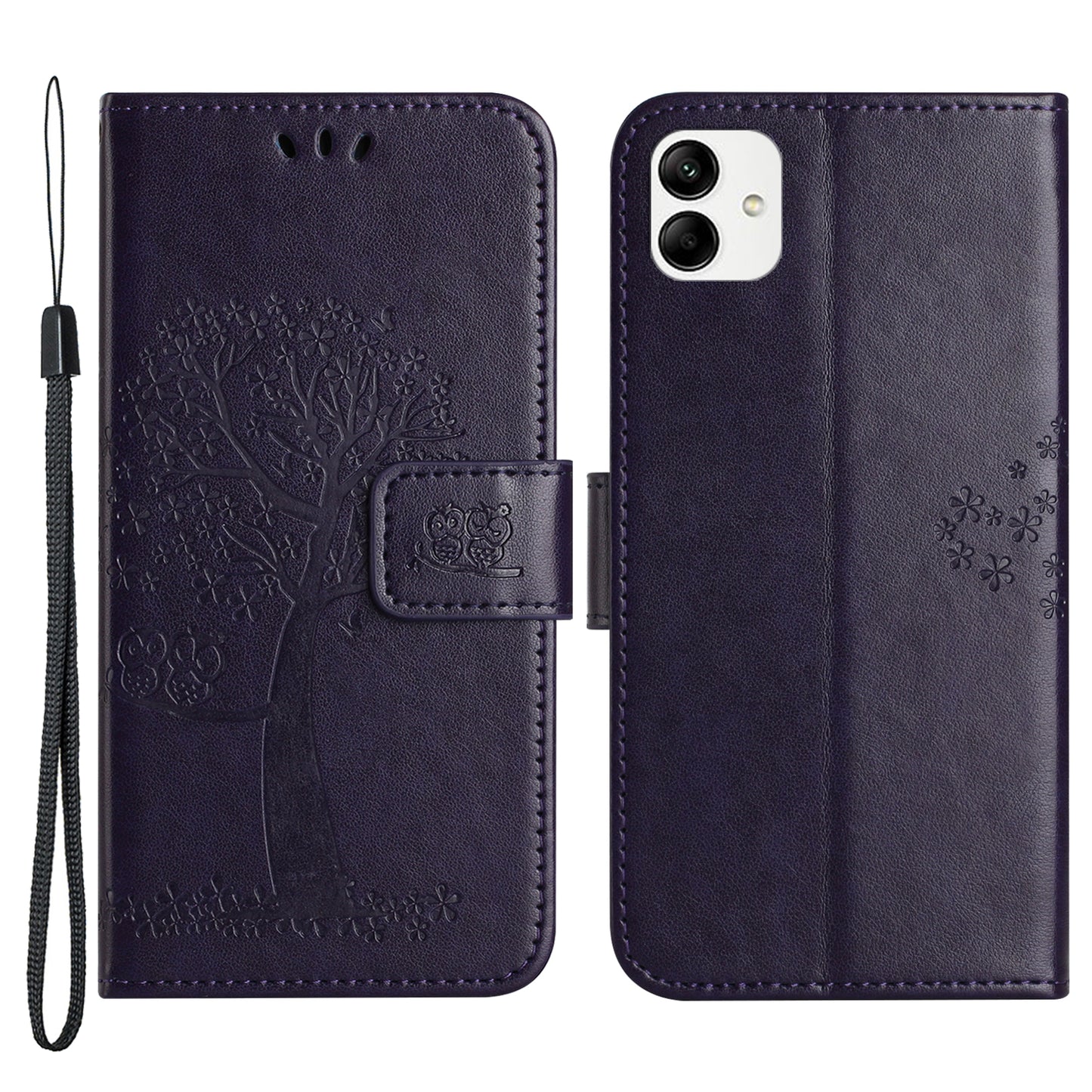 For Samsung Galaxy A04e 4G Imprinted Owl Tree Pattern Anti-scratch PU Leather Wallet Viewing Stand Anti-fingerprint Protective Case