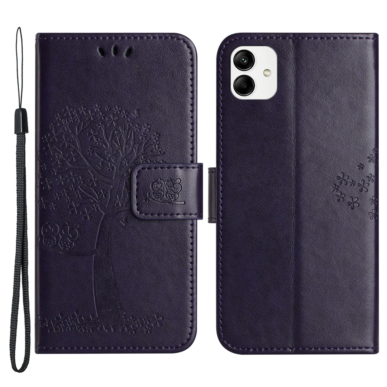 For Samsung Galaxy A04e 4G Imprinted Owl Tree Pattern Anti-scratch PU Leather Wallet Viewing Stand Anti-fingerprint Protective Case