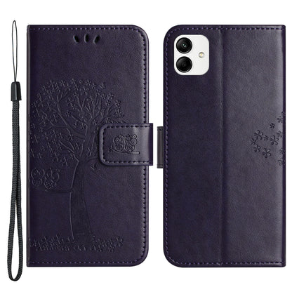 For Samsung Galaxy A04e 4G Imprinted Owl Tree Pattern Anti-scratch PU Leather Wallet Viewing Stand Anti-fingerprint Protective Case