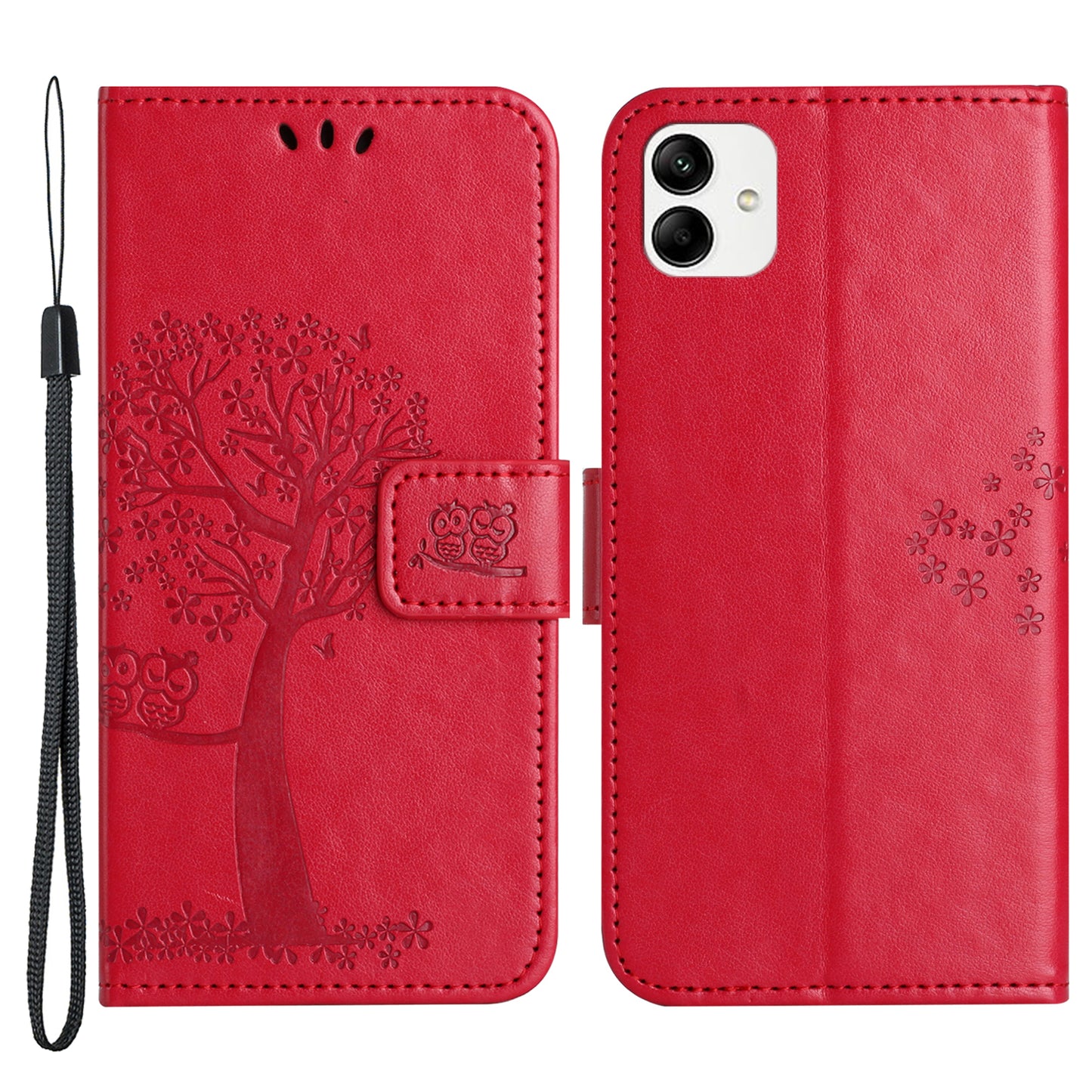 For Samsung Galaxy A04e 4G Imprinted Owl Tree Pattern Anti-scratch PU Leather Wallet Viewing Stand Anti-fingerprint Protective Case