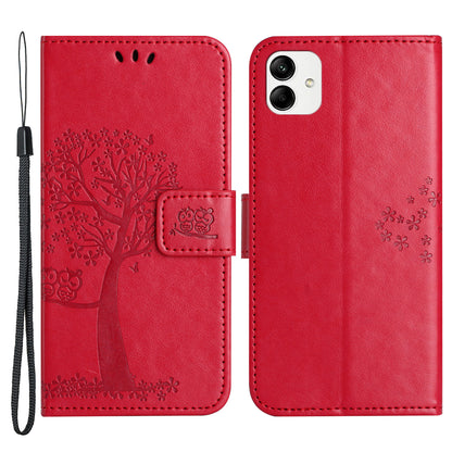 For Samsung Galaxy A04e 4G Imprinted Owl Tree Pattern Anti-scratch PU Leather Wallet Viewing Stand Anti-fingerprint Protective Case