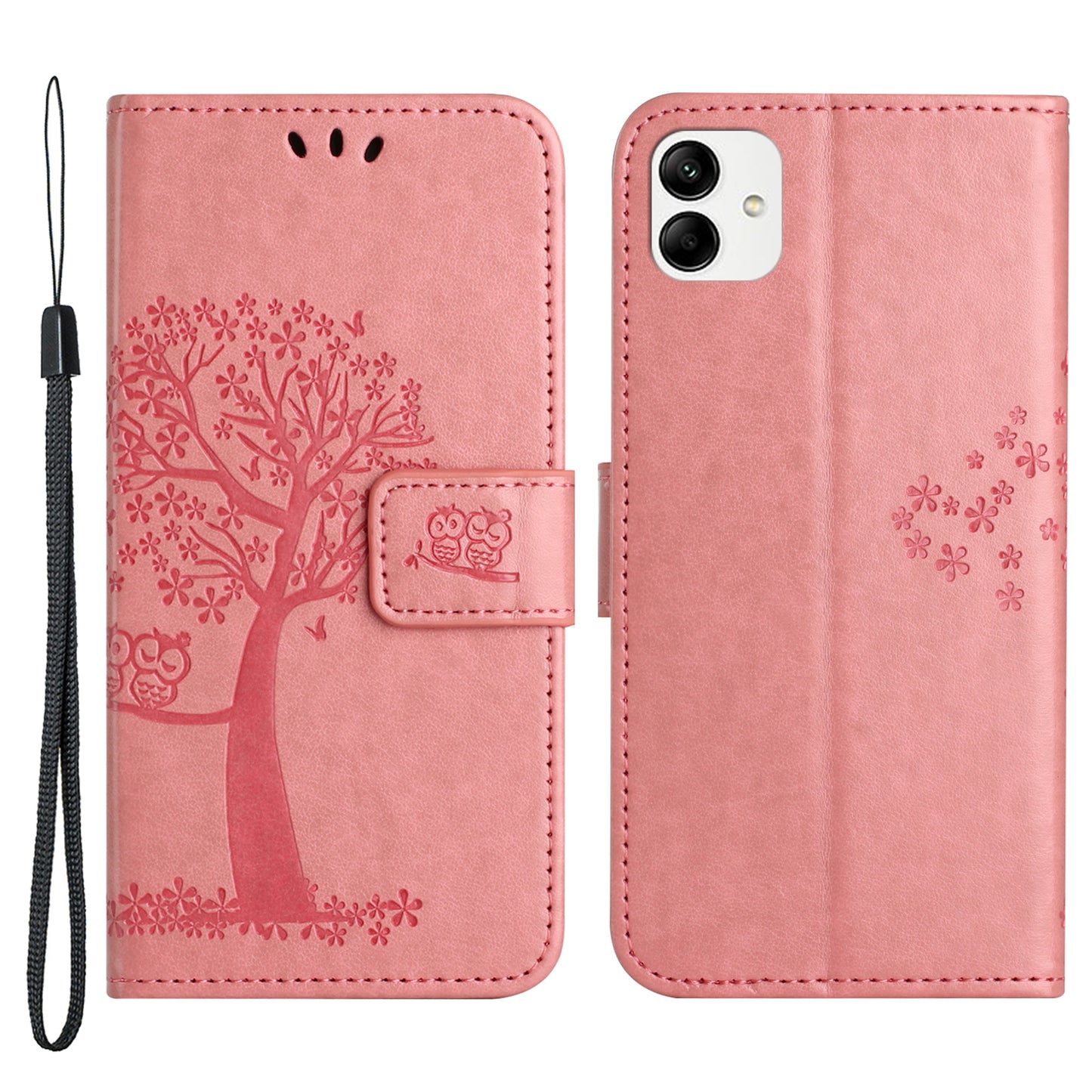 For Samsung Galaxy A04e 4G Imprinted Owl Tree Pattern Anti-scratch PU Leather Wallet Viewing Stand Anti-fingerprint Protective Case