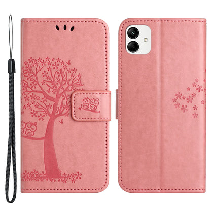 For Samsung Galaxy A04e 4G Imprinted Owl Tree Pattern Anti-scratch PU Leather Wallet Viewing Stand Anti-fingerprint Protective Case