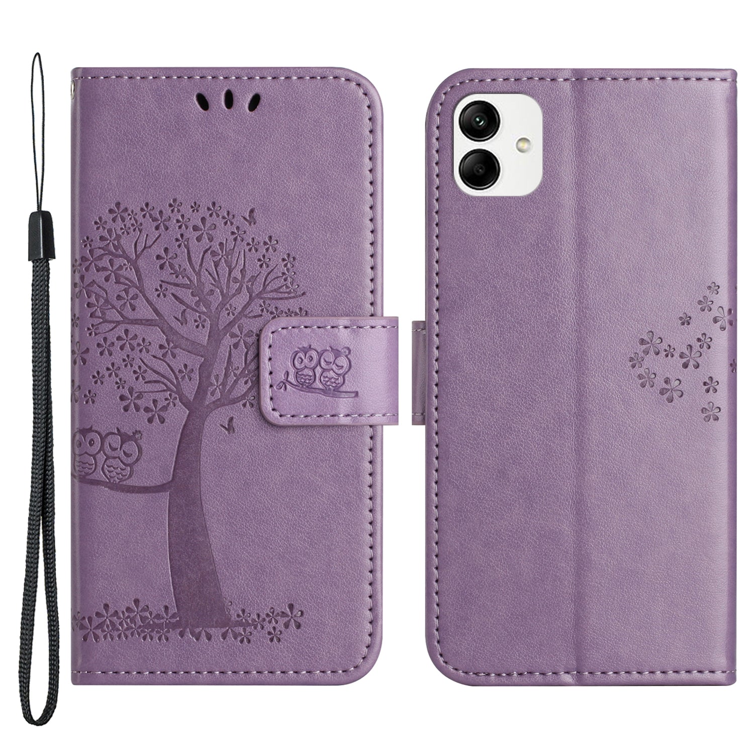 For Samsung Galaxy A04e 4G Imprinted Owl Tree Pattern Anti-scratch PU Leather Wallet Viewing Stand Anti-fingerprint Protective Case