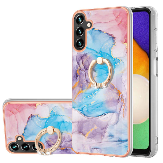 YB IMD Series-6 For Samsung Galaxy A14 5G Marble Phone Case Electroplated Frame IMD Soft TPU Cover with  Ring Holder Kickstand