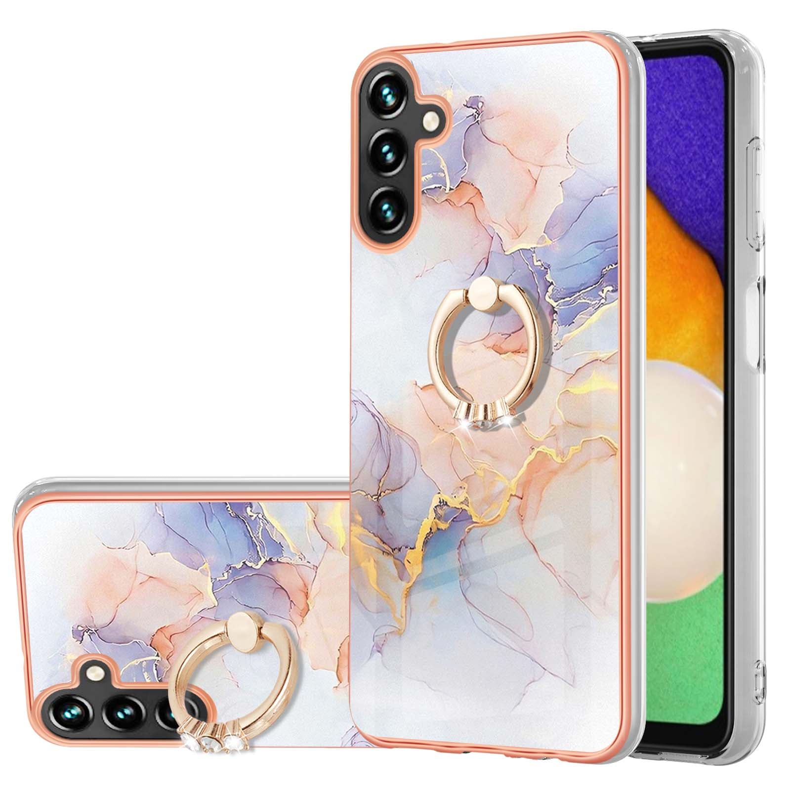 YB IMD Series-6 For Samsung Galaxy A14 5G Marble Phone Case Electroplated Frame IMD Soft TPU Cover with  Ring Holder Kickstand