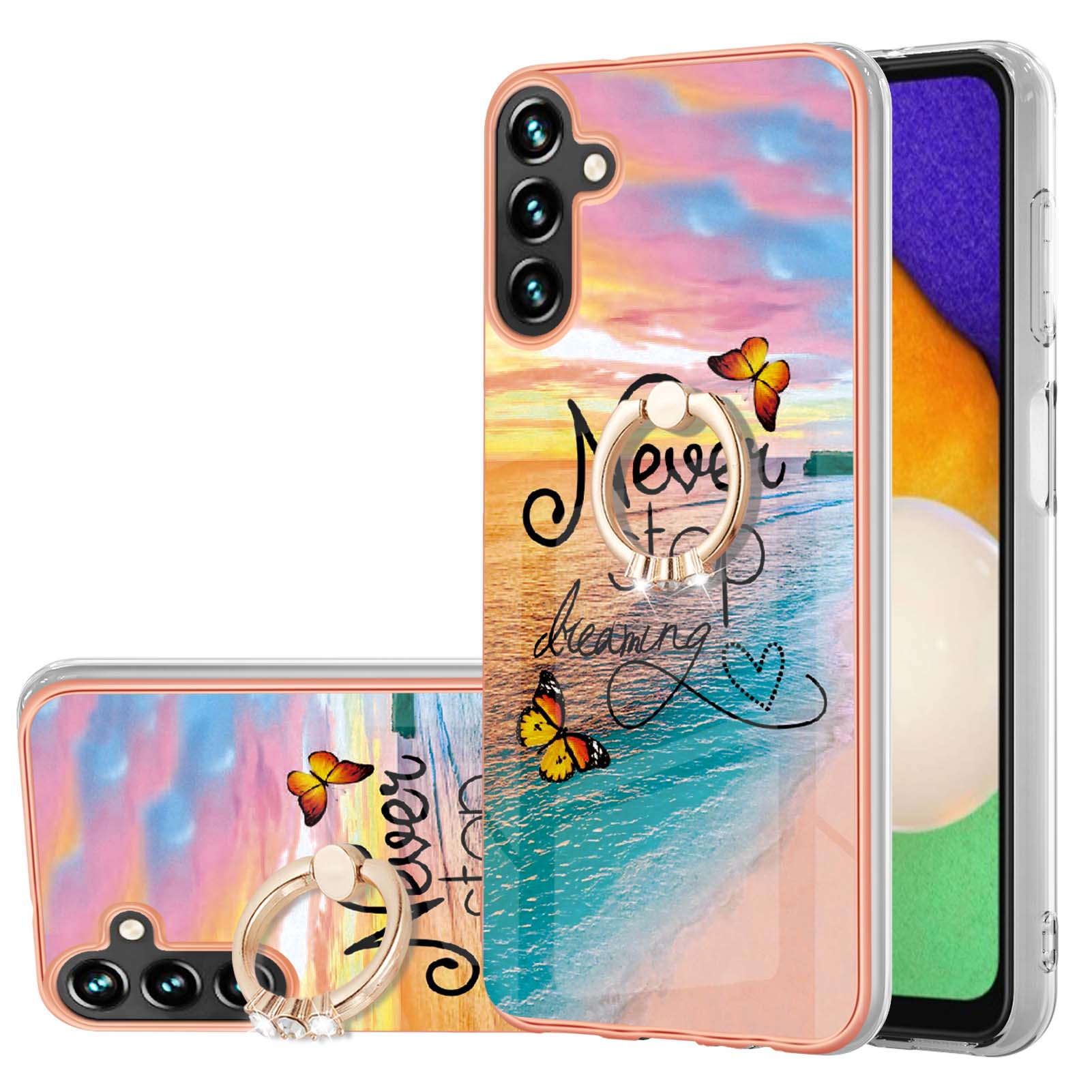 YB IMD Series-6 For Samsung Galaxy A14 5G Marble Phone Case Electroplated Frame IMD Soft TPU Cover with  Ring Holder Kickstand