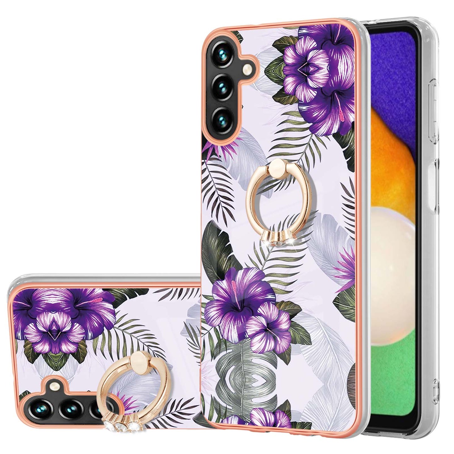 YB IMD Series-6 For Samsung Galaxy A14 5G Marble Phone Case Electroplated Frame IMD Soft TPU Cover with  Ring Holder Kickstand
