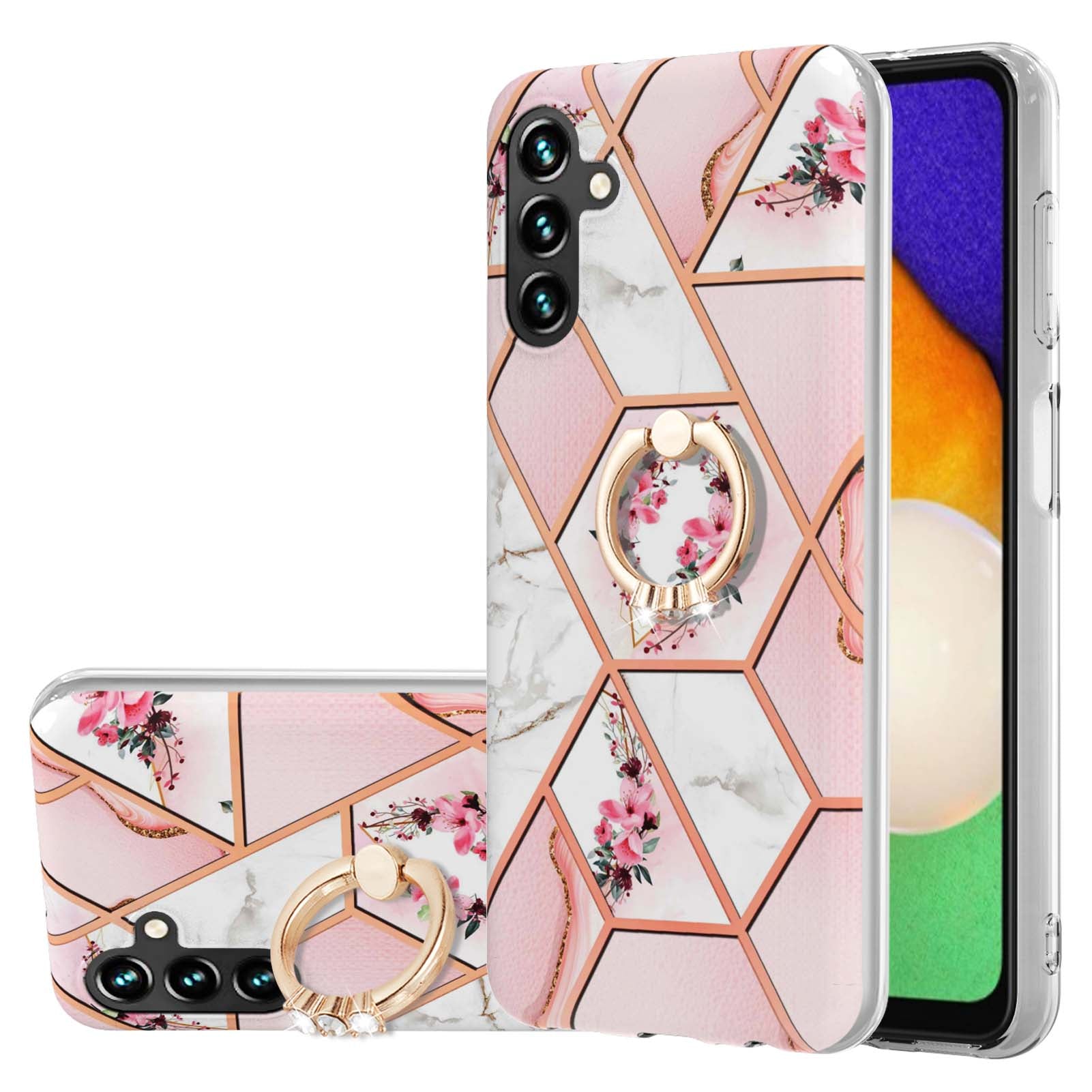 YB IMD Series-6 For Samsung Galaxy A14 5G Marble Phone Case Electroplated Frame IMD Soft TPU Cover with  Ring Holder Kickstand