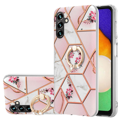 YB IMD Series-6 For Samsung Galaxy A14 5G Marble Phone Case Electroplated Frame IMD Soft TPU Cover with  Ring Holder Kickstand