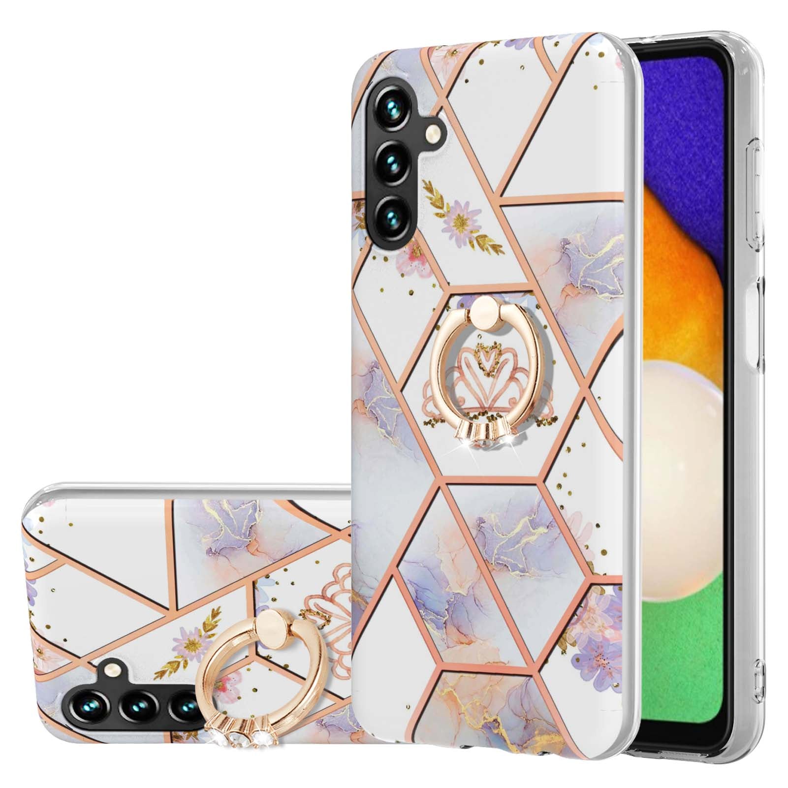 YB IMD Series-6 For Samsung Galaxy A14 5G Marble Phone Case Electroplated Frame IMD Soft TPU Cover with  Ring Holder Kickstand