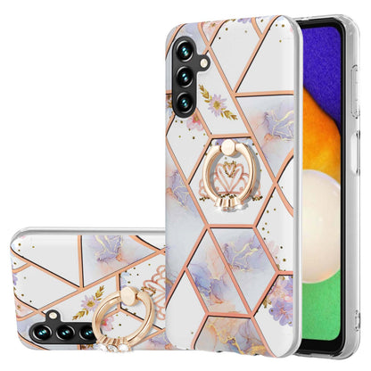 YB IMD Series-6 For Samsung Galaxy A14 5G Marble Phone Case Electroplated Frame IMD Soft TPU Cover with  Ring Holder Kickstand
