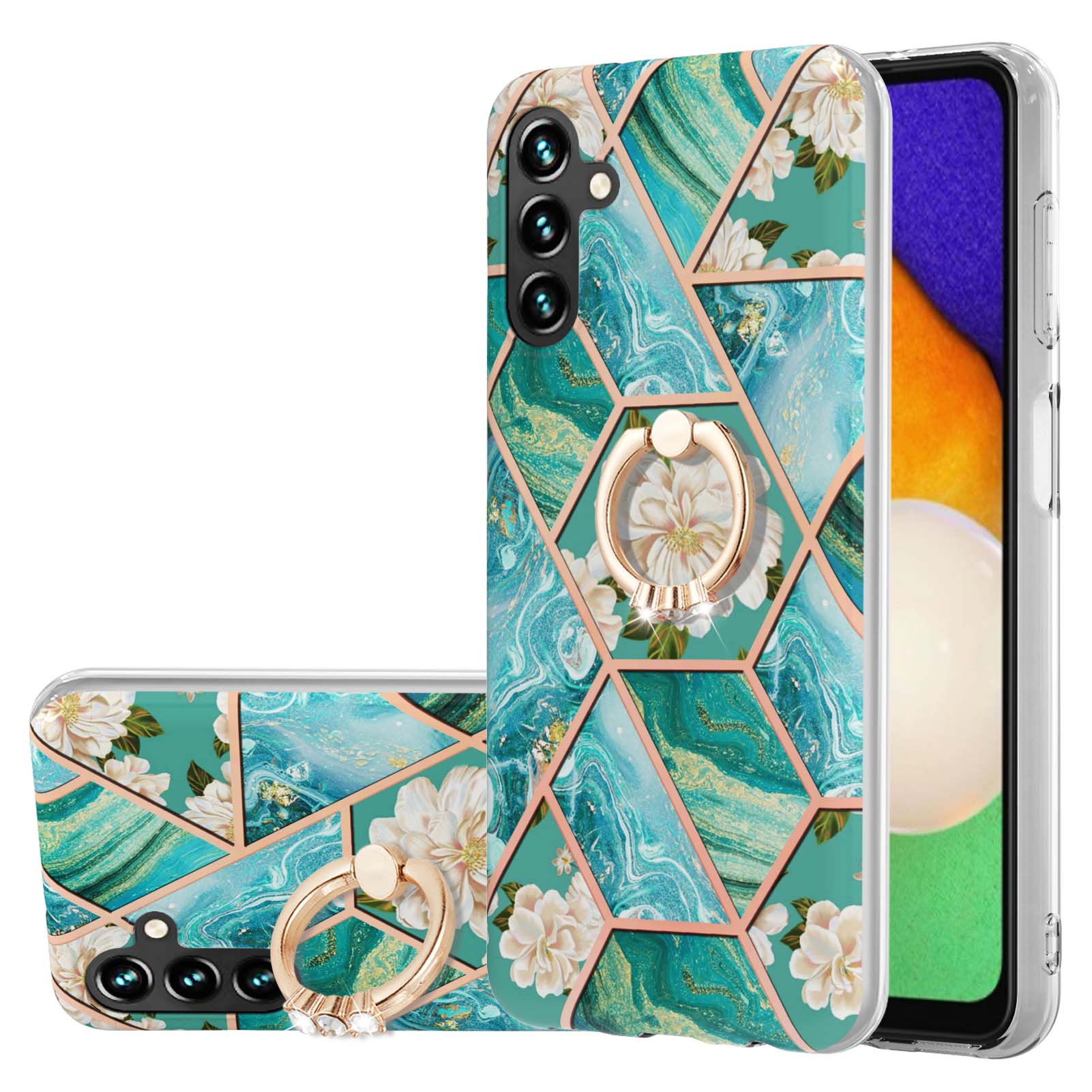YB IMD Series-6 For Samsung Galaxy A14 5G Marble Phone Case Electroplated Frame IMD Soft TPU Cover with  Ring Holder Kickstand