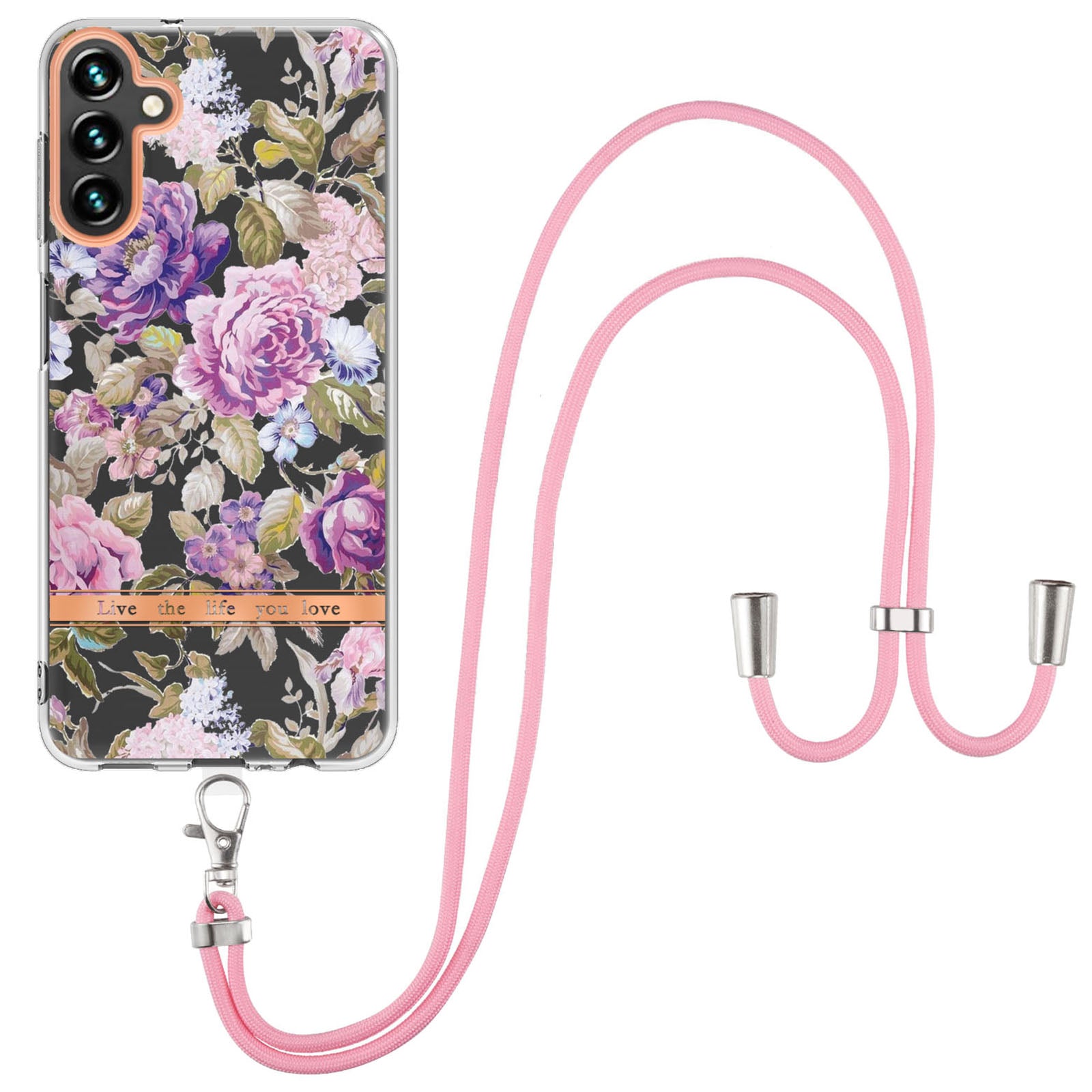 YB IMD-11 Series for Samsung Galaxy A14 5G IMD TPU Phone Case Flower Pattern Electroplating Anti-scratch Back Cover with Lanyard