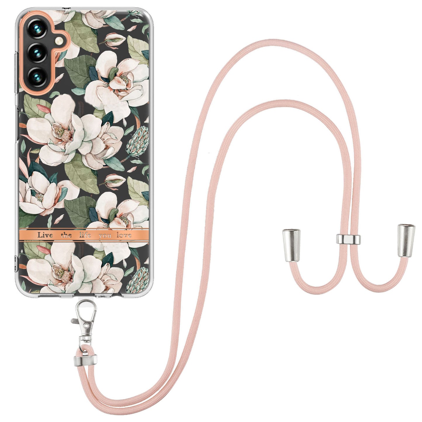 YB IMD-11 Series for Samsung Galaxy A14 5G IMD TPU Phone Case Flower Pattern Electroplating Anti-scratch Back Cover with Lanyard