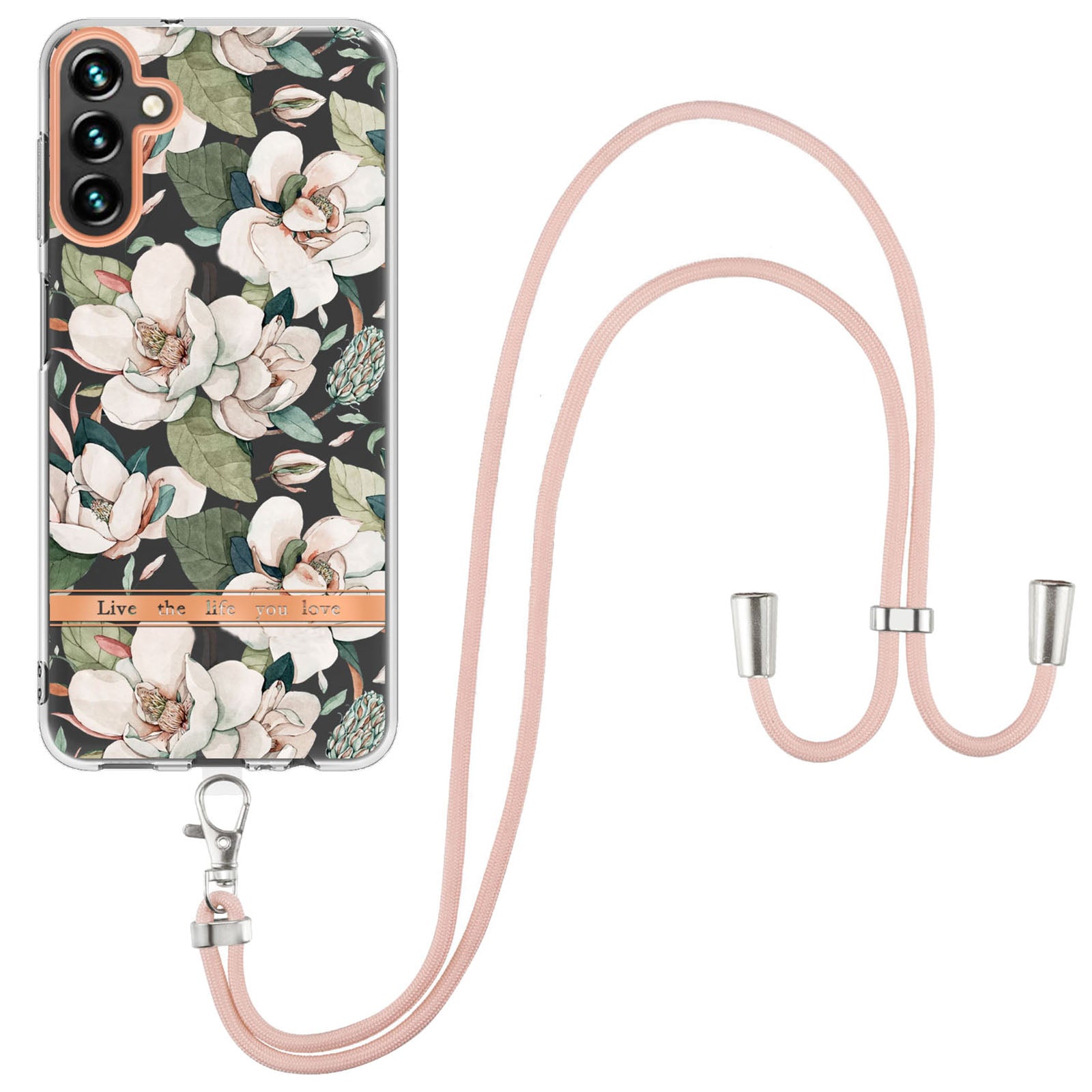 YB IMD-11 Series for Samsung Galaxy A14 5G IMD TPU Phone Case Flower Pattern Electroplating Anti-scratch Back Cover with Lanyard