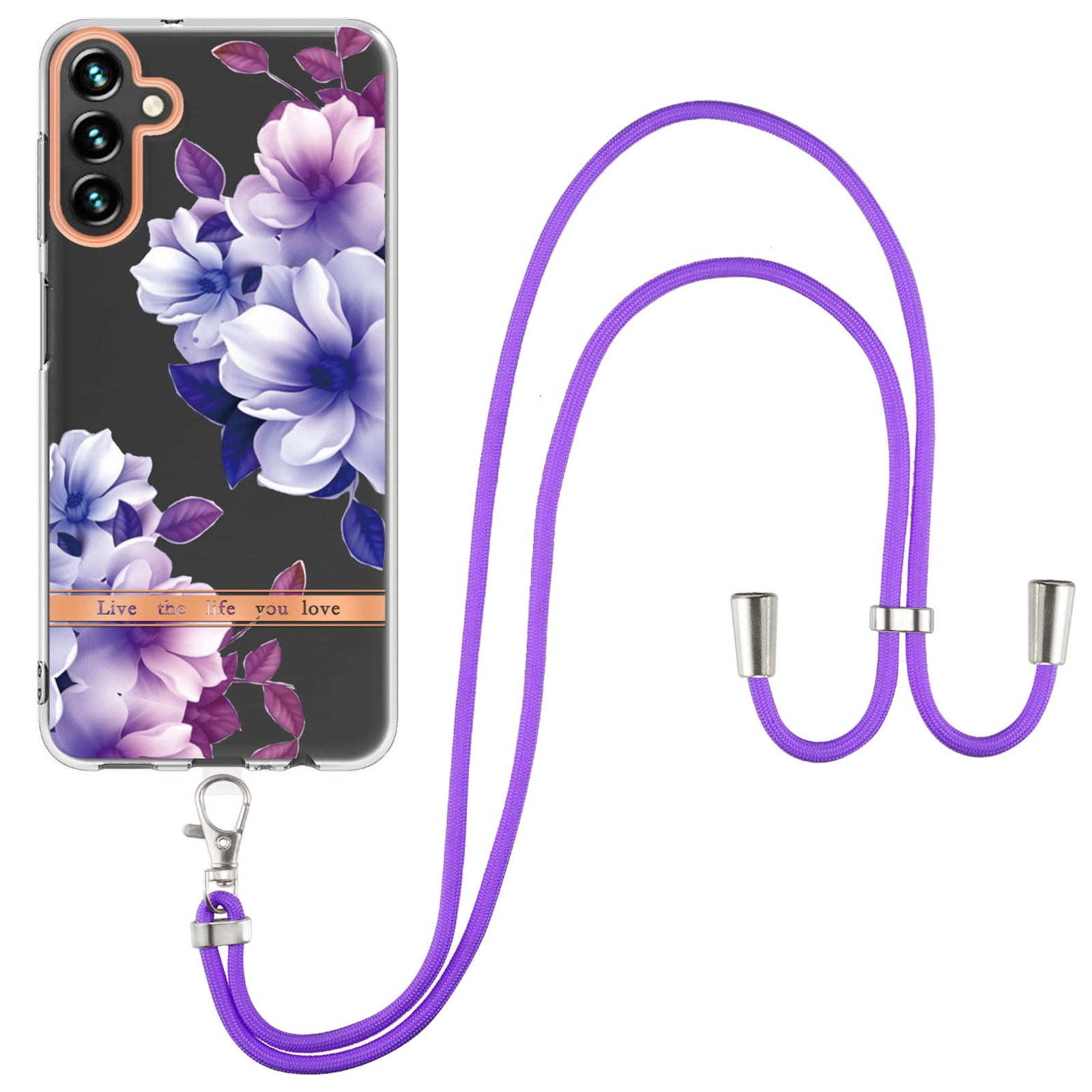 YB IMD-11 Series for Samsung Galaxy A14 5G IMD TPU Phone Case Flower Pattern Electroplating Anti-scratch Back Cover with Lanyard