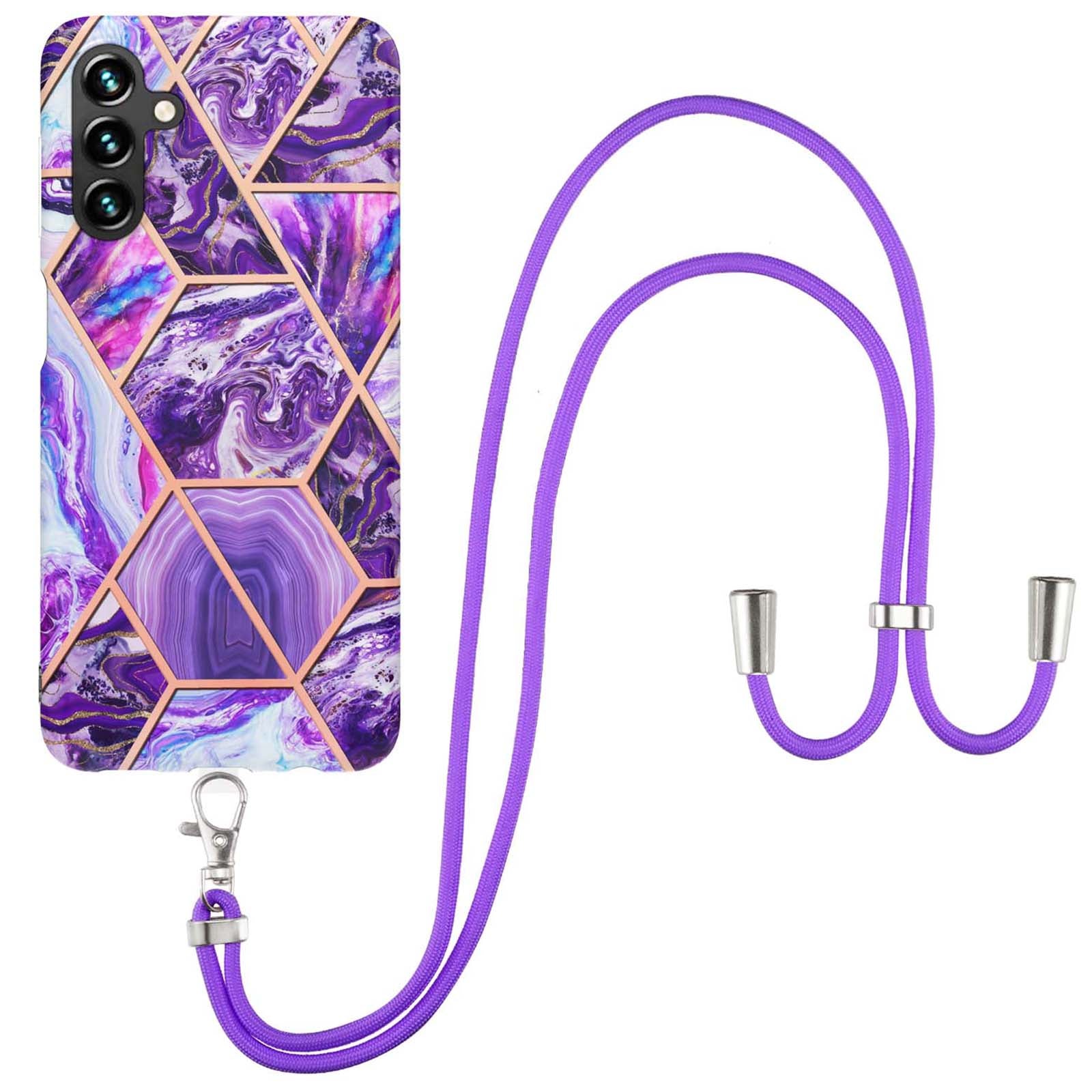 YB IMD Series-5 For Samsung Galaxy A14 5G IML IMD Electroplating Splicing Marble Pattern TPU Phone Case Anti-scratch Back Cover with Lanyard