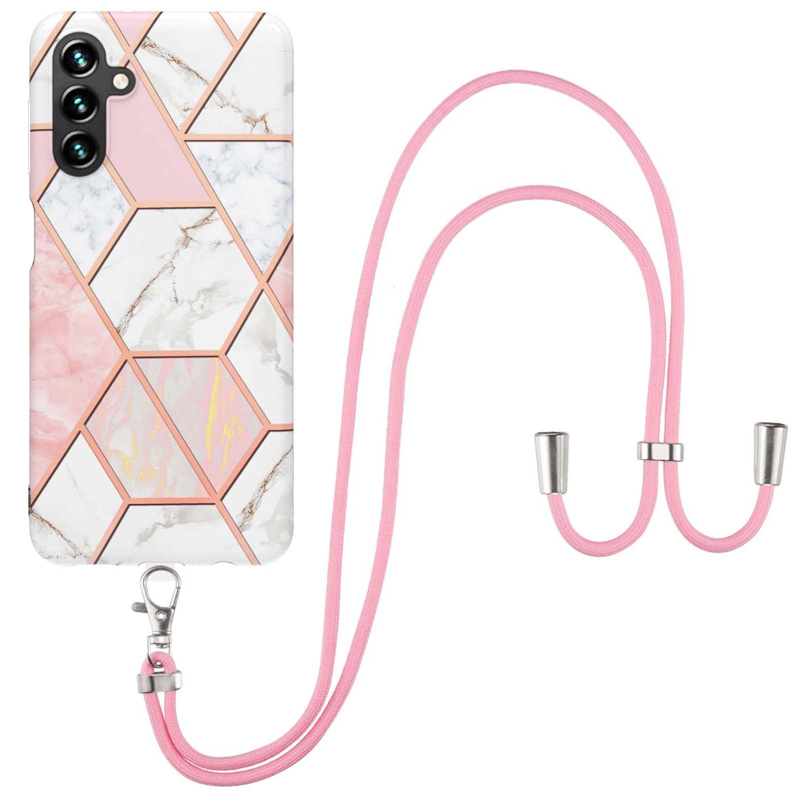 YB IMD Series-5 For Samsung Galaxy A14 5G IML IMD Electroplating Splicing Marble Pattern TPU Phone Case Anti-scratch Back Cover with Lanyard