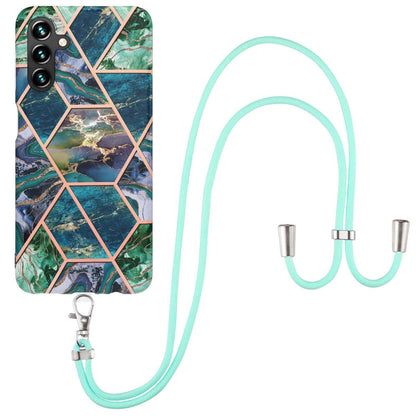 YB IMD Series-5 For Samsung Galaxy A14 5G IML IMD Electroplating Splicing Marble Pattern TPU Phone Case Anti-scratch Back Cover with Lanyard