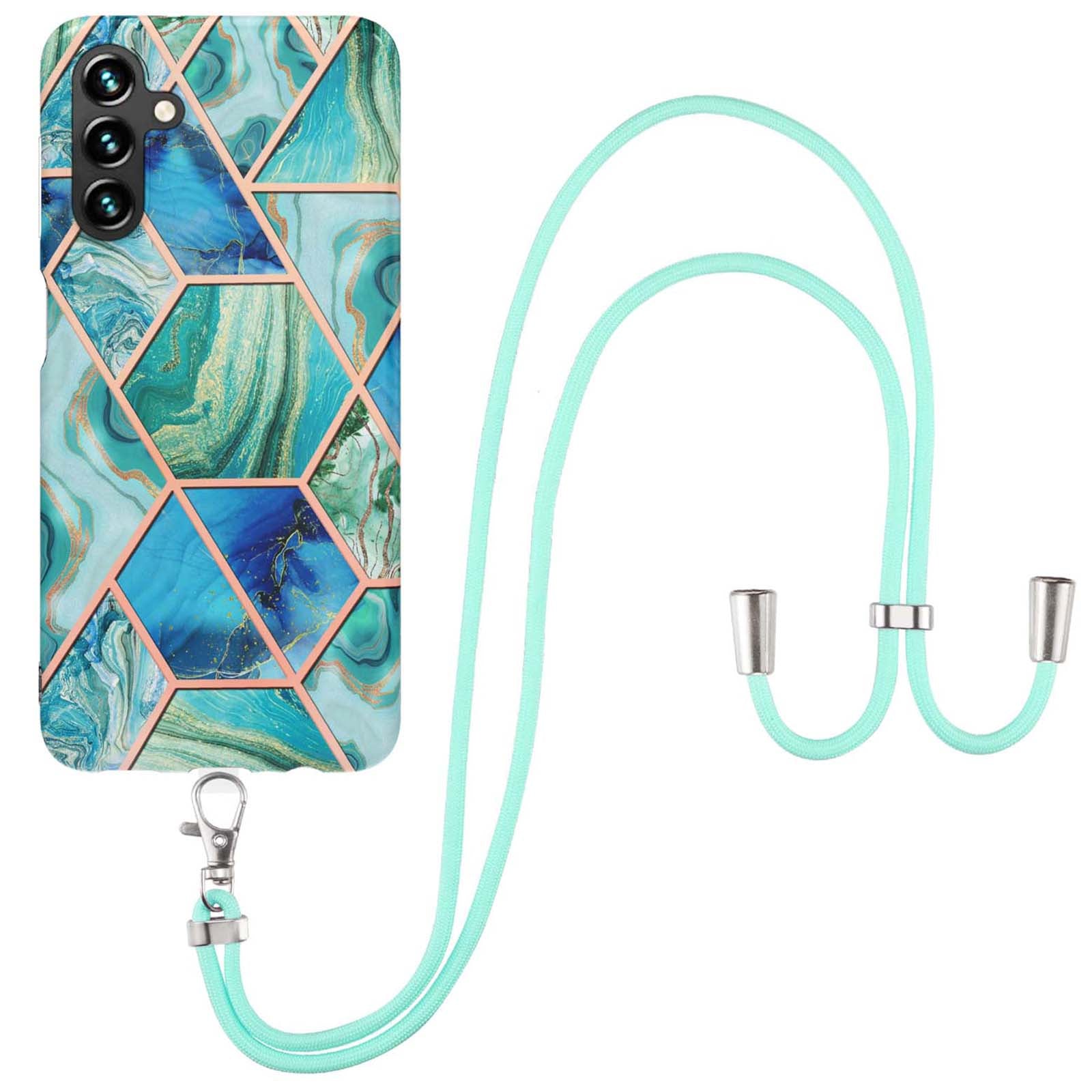 YB IMD Series-5 For Samsung Galaxy A14 5G IML IMD Electroplating Splicing Marble Pattern TPU Phone Case Anti-scratch Back Cover with Lanyard