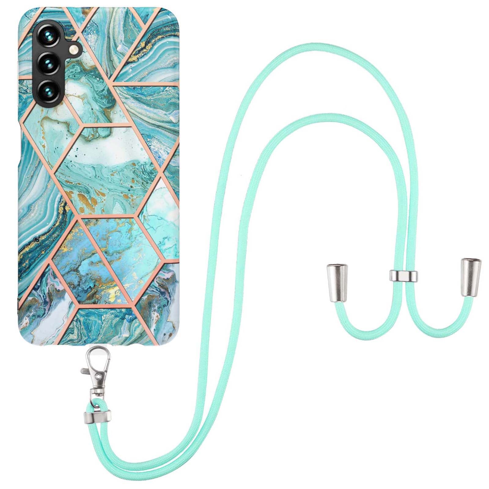 YB IMD Series-5 For Samsung Galaxy A14 5G IML IMD Electroplating Splicing Marble Pattern TPU Phone Case Anti-scratch Back Cover with Lanyard