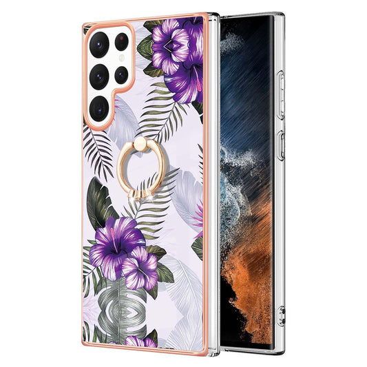 YB IMD Series-6 For Samsung Galaxy S23 Ultra Soft TPU  Drop Protection Phone Case Ring Holder Kickstand Electroplated Frame IMD Marble Cover