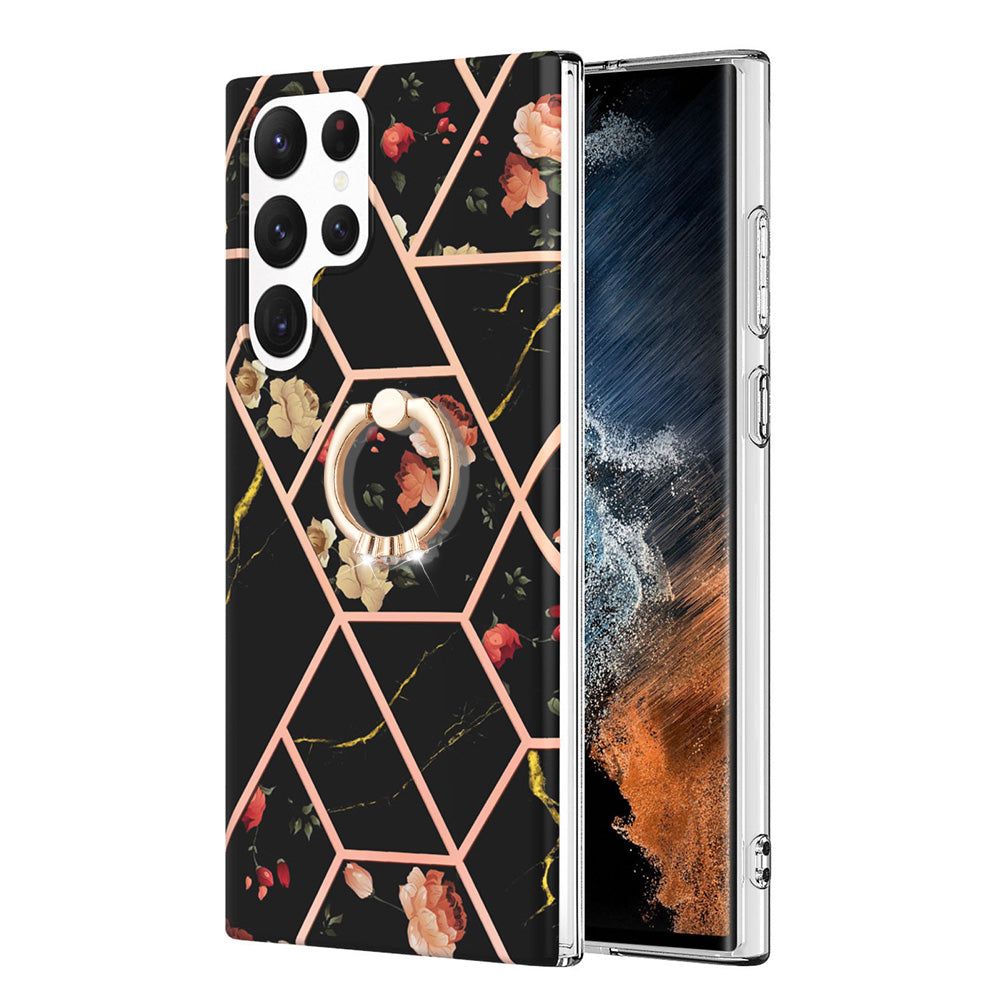 YB IMD Series-6 For Samsung Galaxy S23 Ultra Soft TPU  Drop Protection Phone Case Ring Holder Kickstand Electroplated Frame IMD Marble Cover