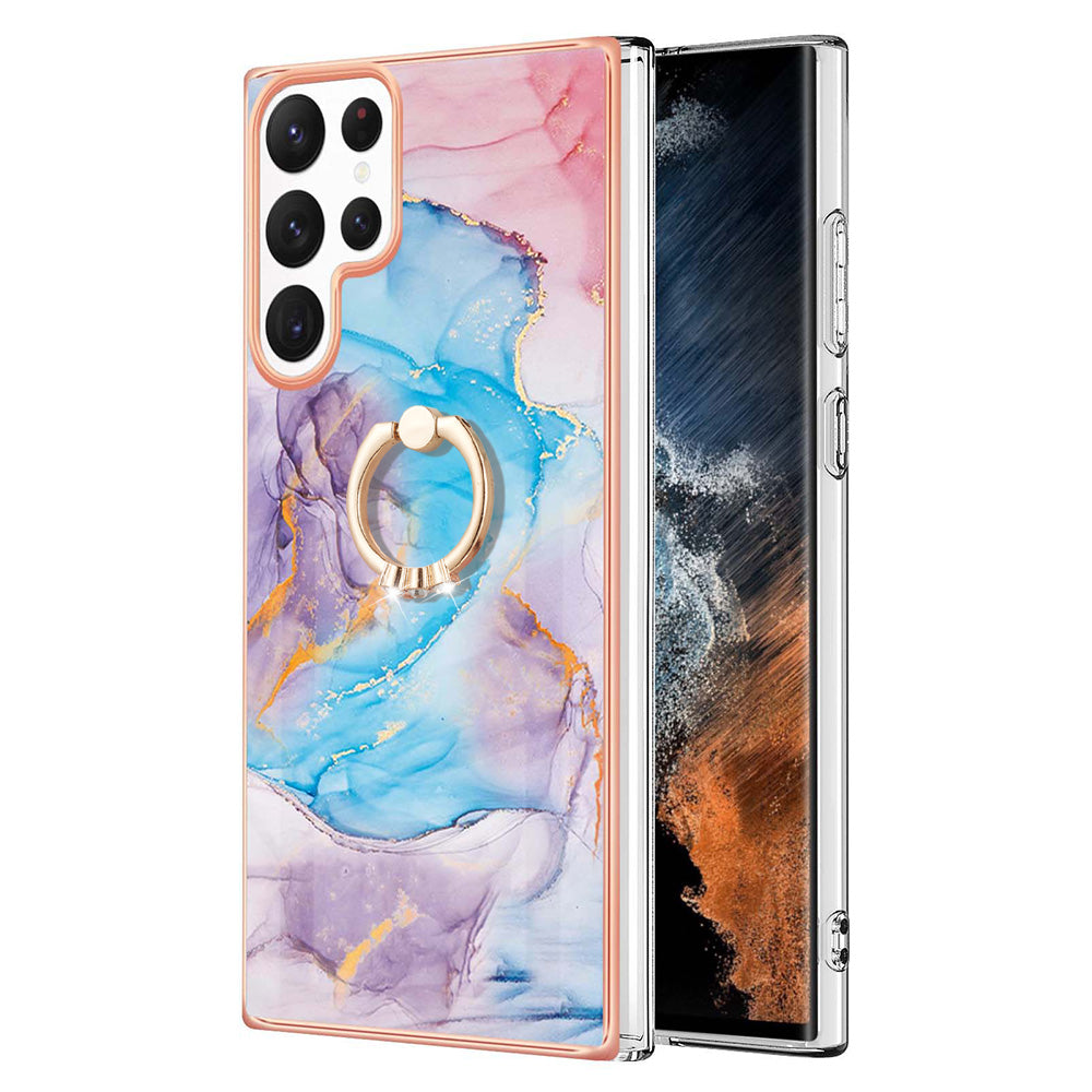 YB IMD Series-6 For Samsung Galaxy S23 Ultra Soft TPU  Drop Protection Phone Case Ring Holder Kickstand Electroplated Frame IMD Marble Cover