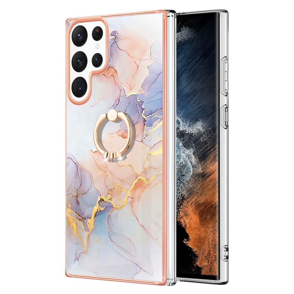 YB IMD Series-6 For Samsung Galaxy S23 Ultra Soft TPU  Drop Protection Phone Case Ring Holder Kickstand Electroplated Frame IMD Marble Cover