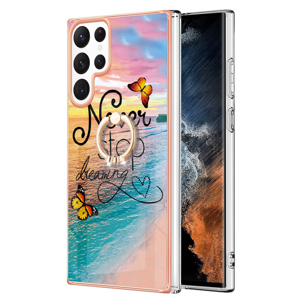 YB IMD Series-6 For Samsung Galaxy S23 Ultra Soft TPU  Drop Protection Phone Case Ring Holder Kickstand Electroplated Frame IMD Marble Cover