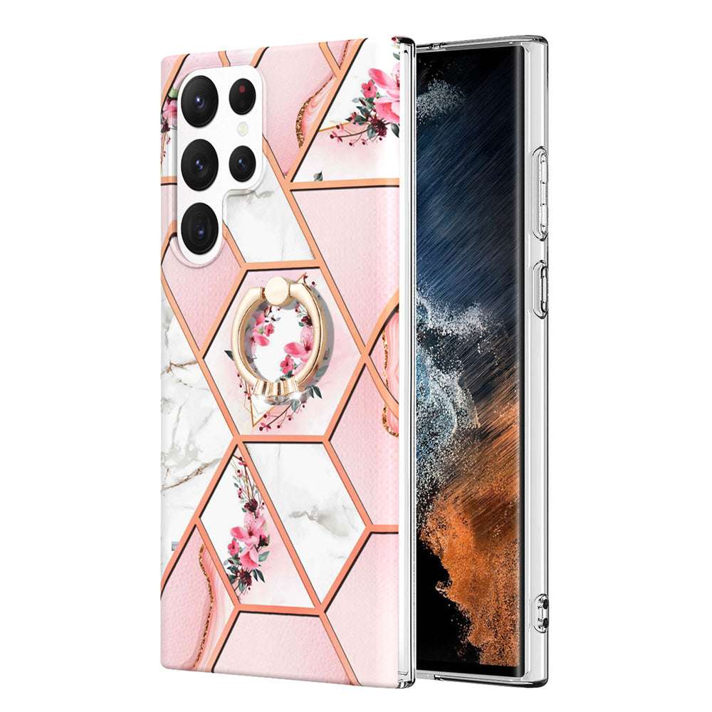 YB IMD Series-6 For Samsung Galaxy S23 Ultra Soft TPU  Drop Protection Phone Case Ring Holder Kickstand Electroplated Frame IMD Marble Cover