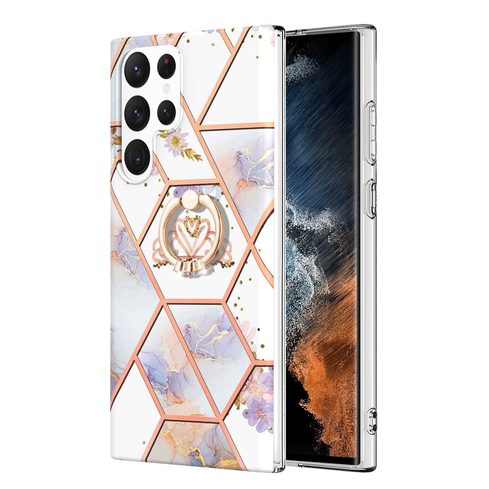 YB IMD Series-6 For Samsung Galaxy S23 Ultra Soft TPU  Drop Protection Phone Case Ring Holder Kickstand Electroplated Frame IMD Marble Cover