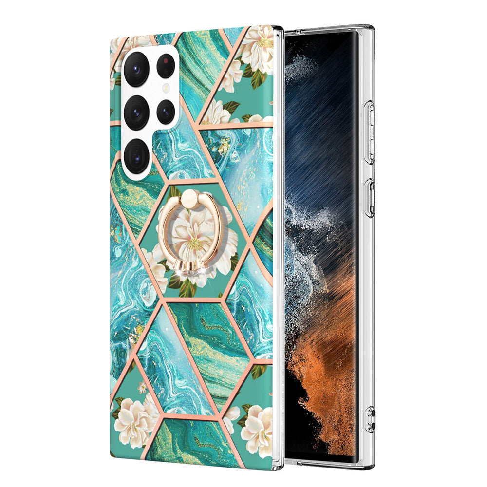 YB IMD Series-6 For Samsung Galaxy S23 Ultra Soft TPU  Drop Protection Phone Case Ring Holder Kickstand Electroplated Frame IMD Marble Cover