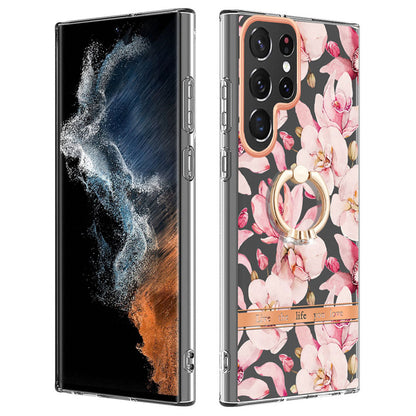 YB IMD-12 Series for Samsung Galaxy S23 Ultra Anti-scratch Flower Pattern IML IMD TPU Case Kickstand Electroplating Phone Cover